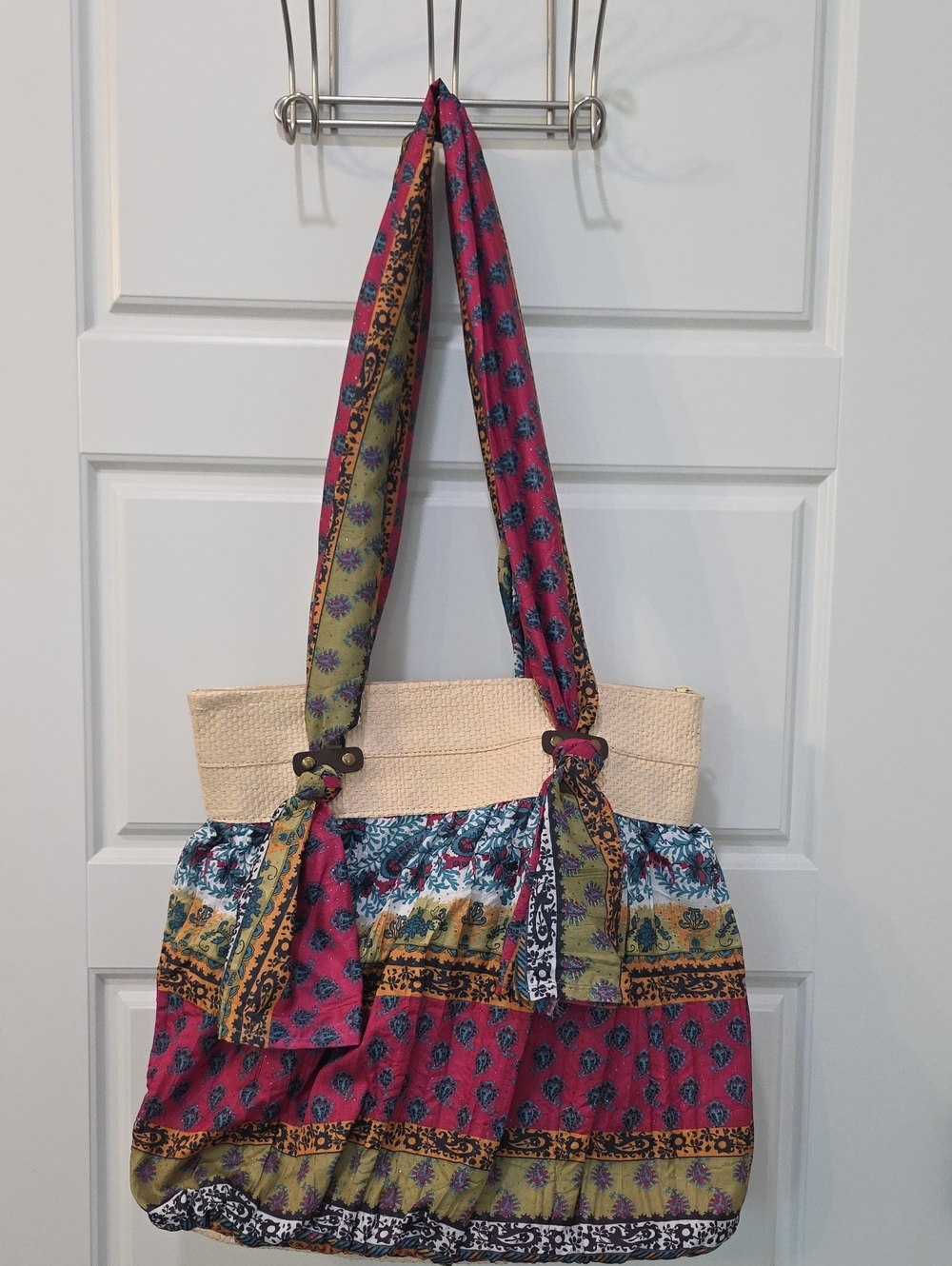 Boho Floral Patchwork Tote Bag in Pink and Green